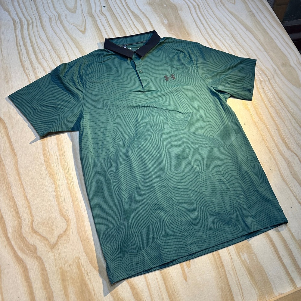 Under Armour Mens Medium Green Wavy Stripe HeatGear Performance Golf Polo Shirt
